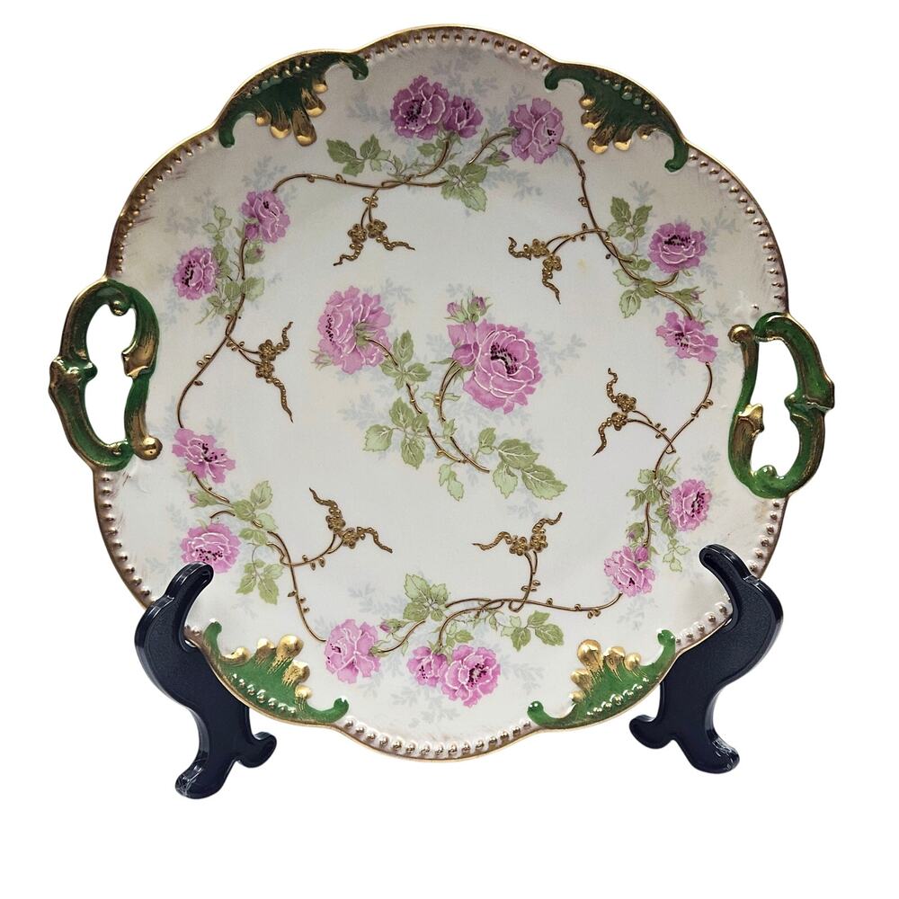 Antique AK/CD LIMOGES French Hand Painted Pink Roses Gold Handled Cake Plate 10"